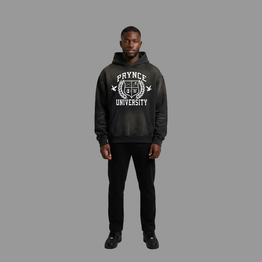 Model wearing the PRYNCE Sundown Fade Hoodie with the PRYNCE University crest, PRYNCE studio catalog tile
