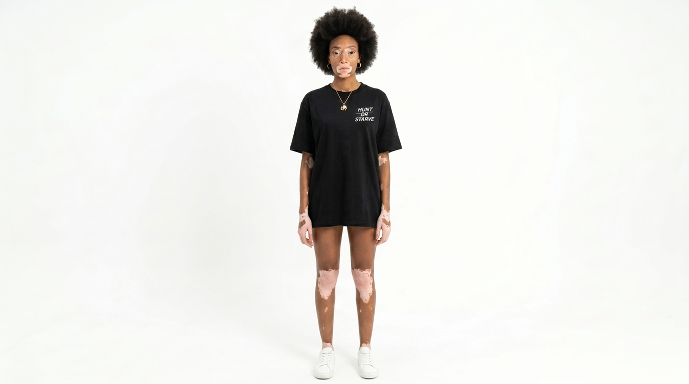 A model with an afro hairstyle stands against a white studio background wearing a black oversized t-shirt with white text on the chest, black shorts, and white sneakers.