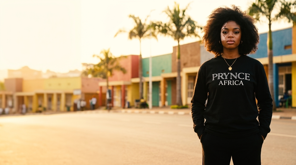 A woman with an afro hairstyle stands in a street wearing a black sweatshirt with 'PRYNCE AFRICA' printed in white across the chest, set against a warm, blurred background of palm trees and colorful buildings.