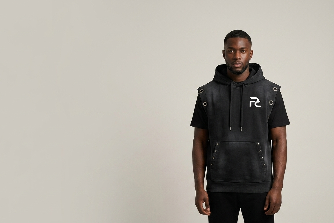 Prynce Clothing PC Signature sleeveless hoodie vest in black with metal eyelet details and PC logo — African-inspired premium streetwear from Montreal