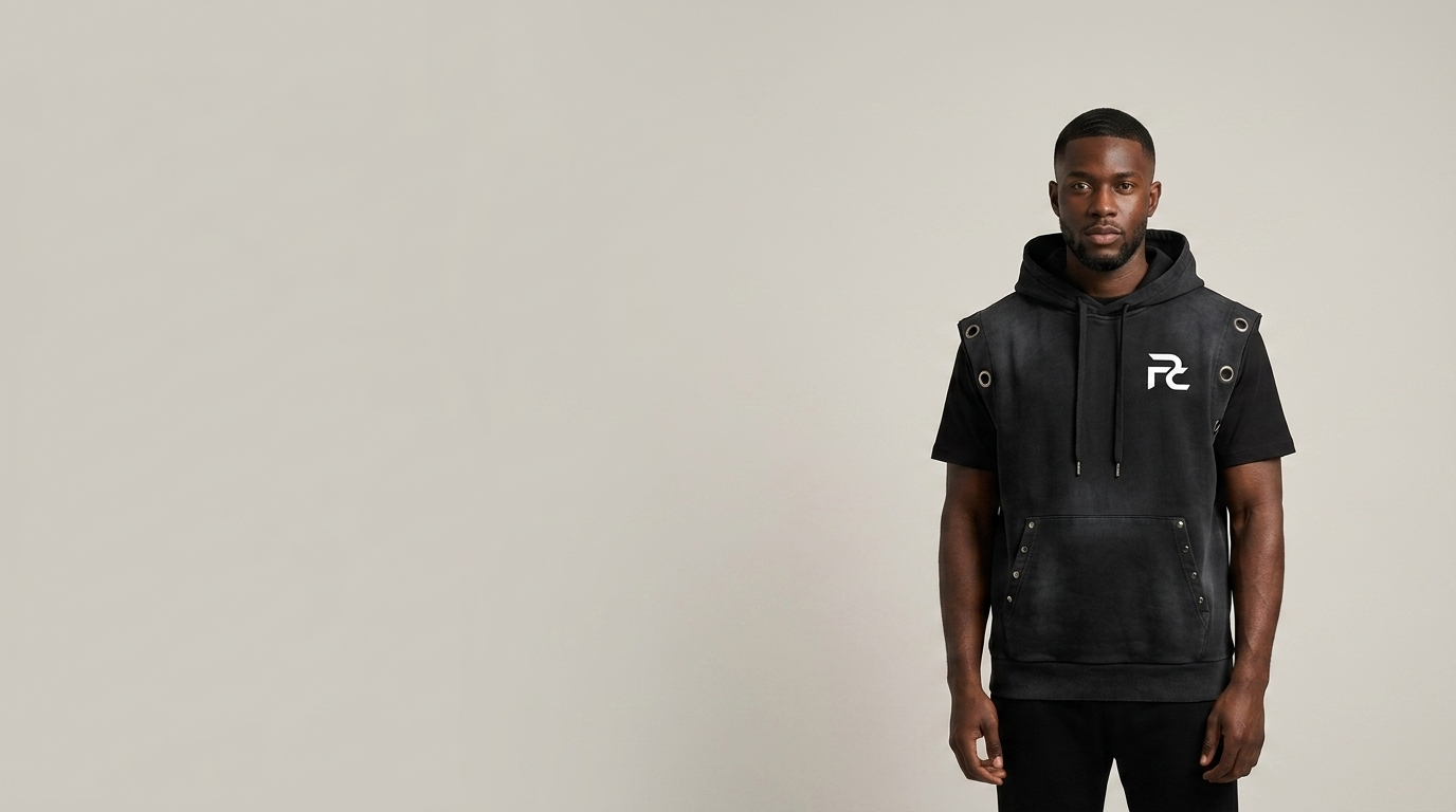 A man wearing a black sleeveless pullover hoodie vest with a white stylized 'R2' logo on the chest, standing against a plain light gray background.