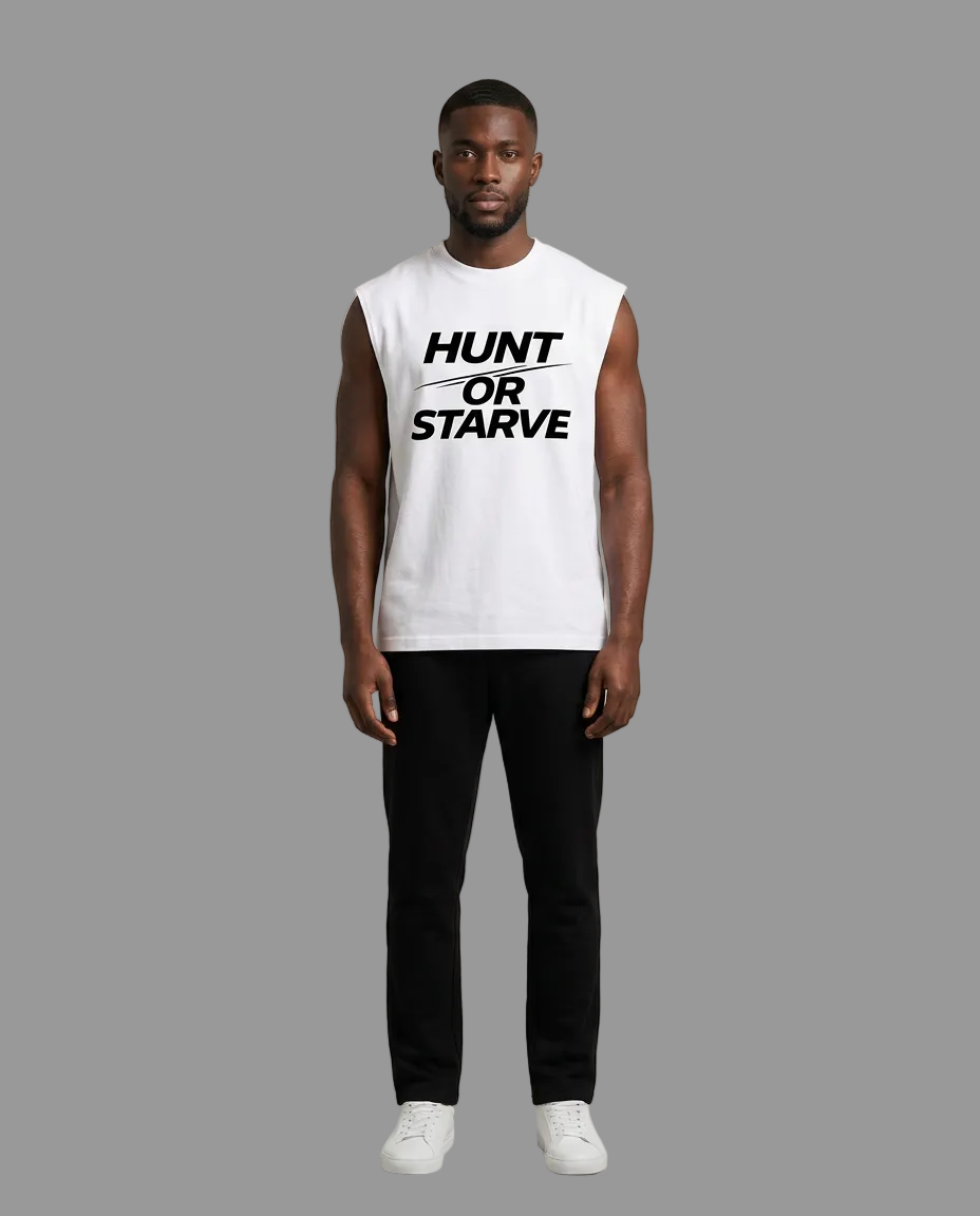 A man modeling a white sleeveless tank top with the black text &
