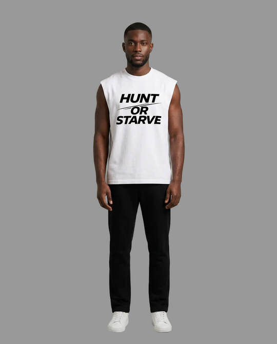 A man modeling a white sleeveless tank top with the black text &