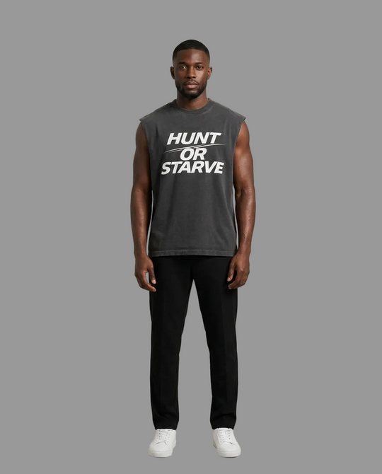 A man modeling a dark gray sleeveless muscle tank top with the white text &