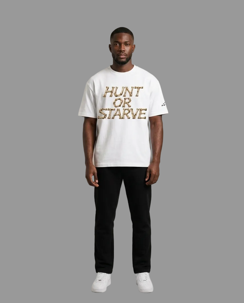 A man modeling a white short-sleeve t-shirt with &