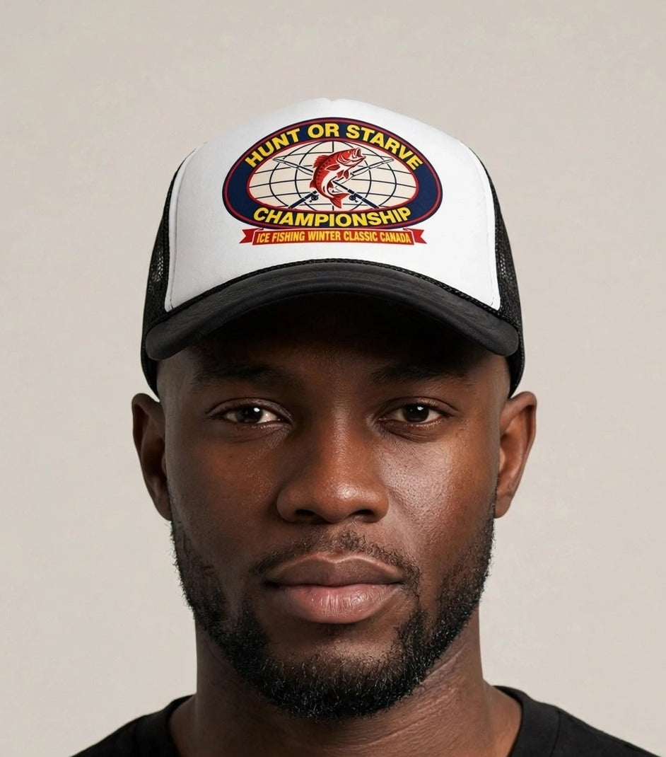 Chris wearing the Hunt or Starve Championship Foam Trucker Hat — black and white foam trucker with HUNT OR STARVE CHAMPIONSHIP ice fishing badge print