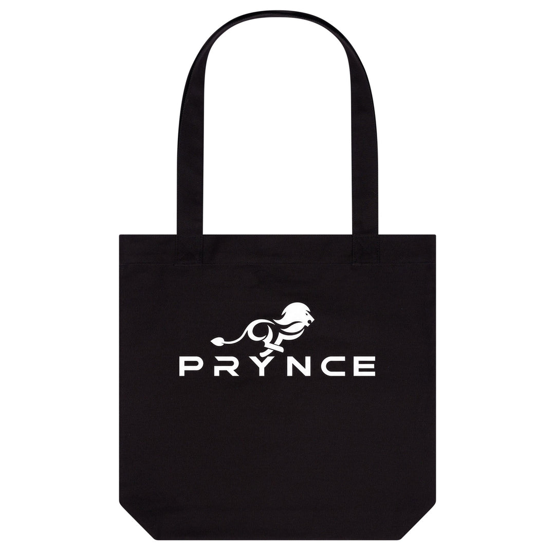 PRYNCE Lion Lockup Tote Bag in Black — white running lion and PRYNCE wordmark printed on heavyweight canvas
