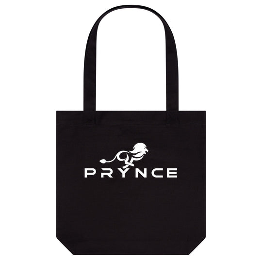 PRYNCE Lion Lockup Tote Bag in Black — white running lion and PRYNCE wordmark printed on heavyweight canvas