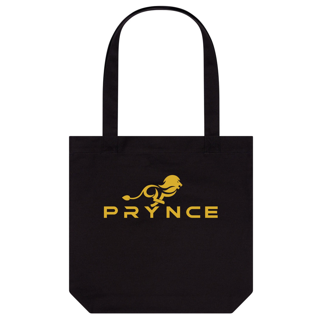 PRYNCE Lion Lockup Tote Bag in Black — gold running lion and PRYNCE wordmark printed on heavyweight canvas