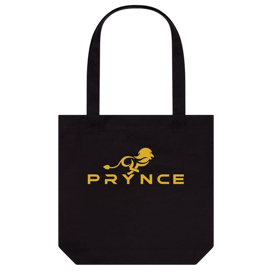 PRYNCE Lion Lockup Tote Bag in Black — gold running lion and PRYNCE wordmark printed on heavyweight canvas