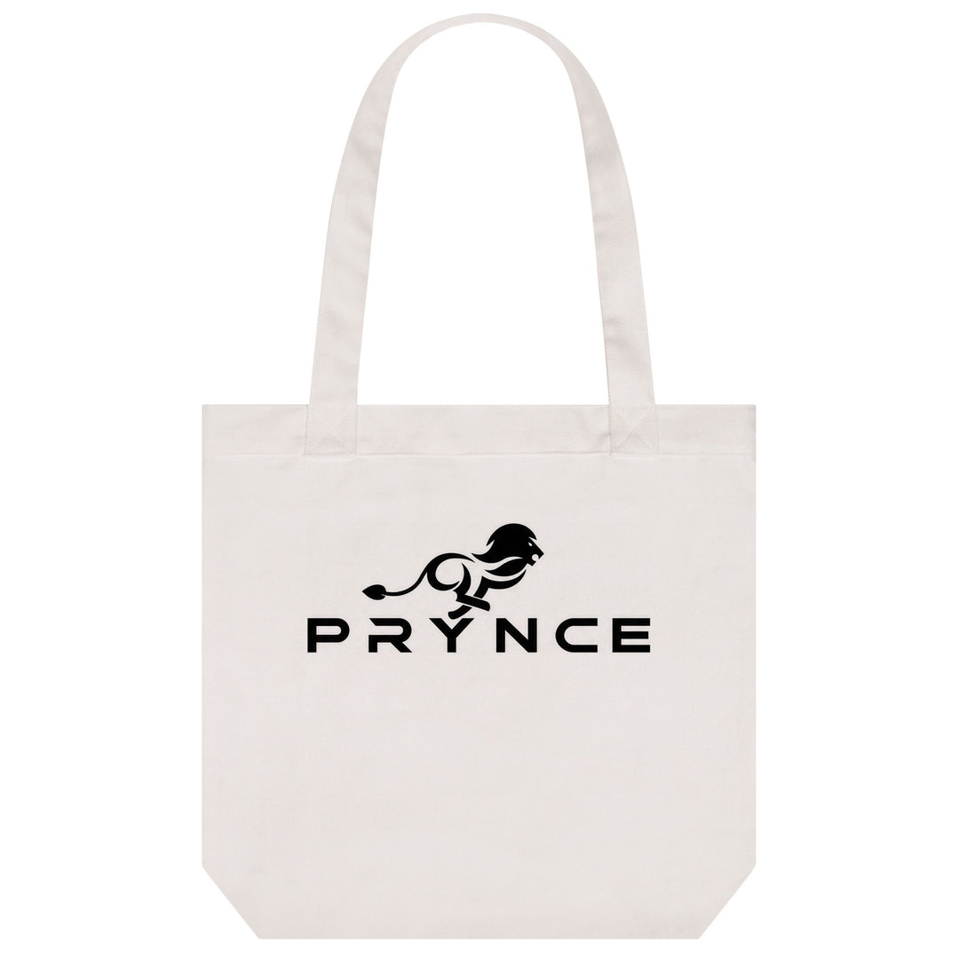 PRYNCE Lion Lockup Tote Bag in Cream — black running lion and PRYNCE wordmark printed on heavyweight canvas