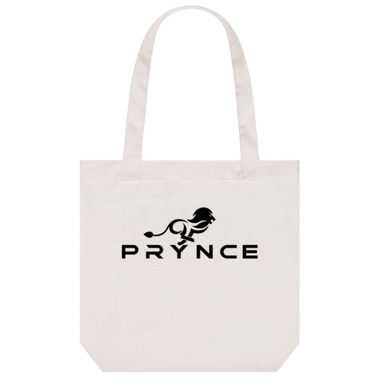 PRYNCE Lion Lockup Tote Bag in Cream — black running lion and PRYNCE wordmark printed on heavyweight canvas