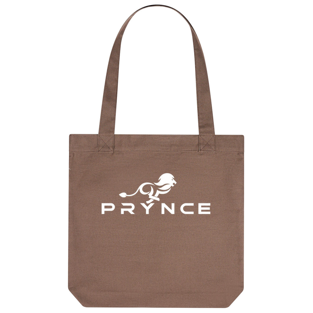 PRYNCE Lion Lockup Tote Bag in Espresso — white running lion and PRYNCE wordmark printed on heavyweight canvas