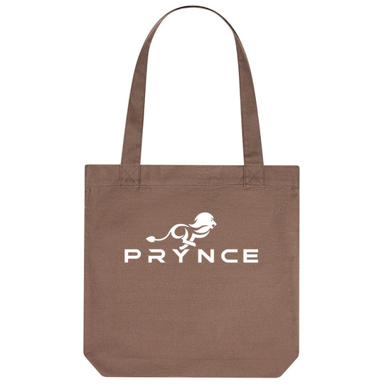 PRYNCE Lion Lockup Tote Bag in Espresso — white running lion and PRYNCE wordmark printed on heavyweight canvas