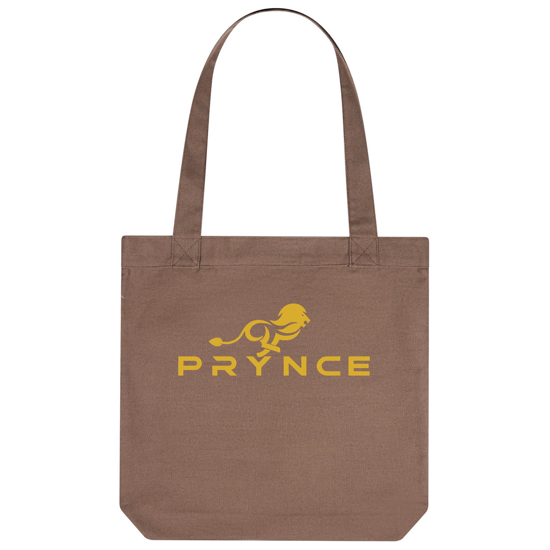 PRYNCE Lion Lockup Tote Bag in Espresso — gold running lion and PRYNCE wordmark printed on heavyweight canvas