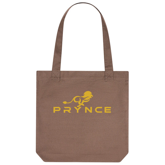 PRYNCE Lion Lockup Tote Bag in Espresso — gold running lion and PRYNCE wordmark printed on heavyweight canvas