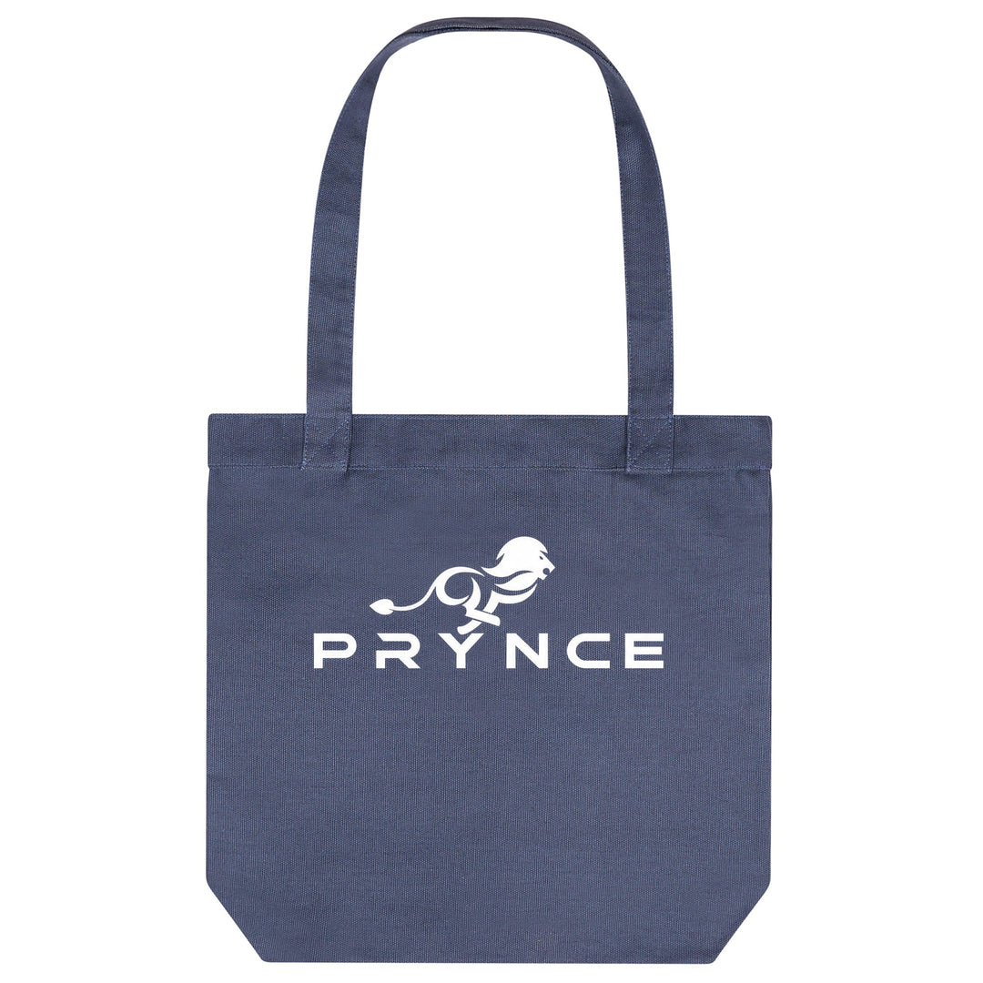 PRYNCE Lion Lockup Tote Bag in Slate Blue — white running lion and PRYNCE wordmark printed on heavyweight canvas