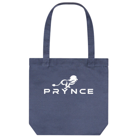 PRYNCE Lion Lockup Tote Bag in Slate Blue — white running lion and PRYNCE wordmark printed on heavyweight canvas
