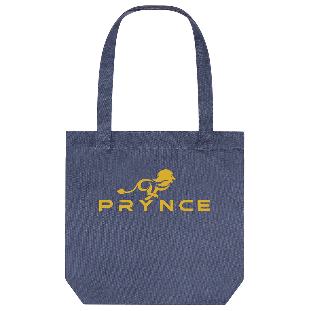 PRYNCE Lion Lockup Tote Bag in Slate Blue — gold running lion and PRYNCE wordmark printed on heavyweight canvas