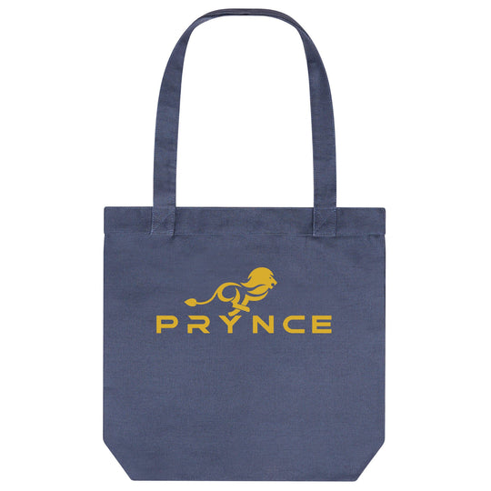 PRYNCE Lion Lockup Tote Bag in Slate Blue — gold running lion and PRYNCE wordmark printed on heavyweight canvas