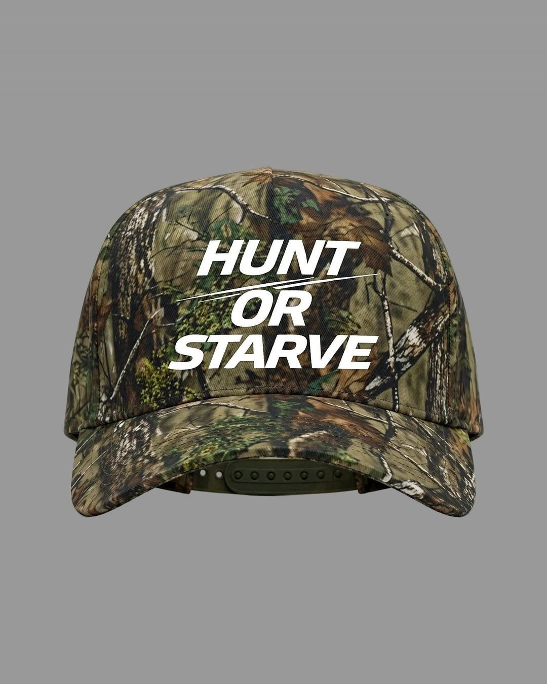 PRYNCE Hunt Or Starve Forest Camo Snapback Hat in forest tree camo with white italic Hunt or Starve logo, front view