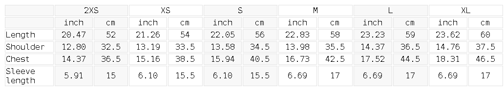 Measurement chart for clothing sizes with dimensions in inches and centimeters.