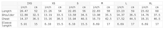 Measurement chart for clothing sizes with dimensions in inches and centimeters.