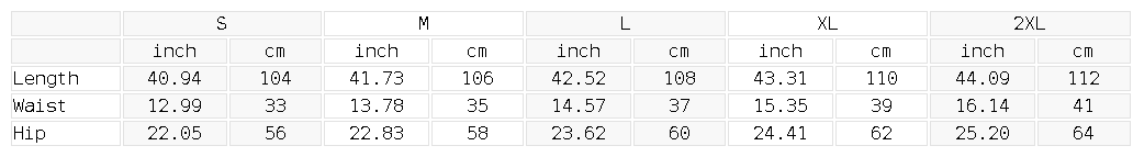 Measurement chart for clothing sizes S to 2XL with inch and cm measurements.