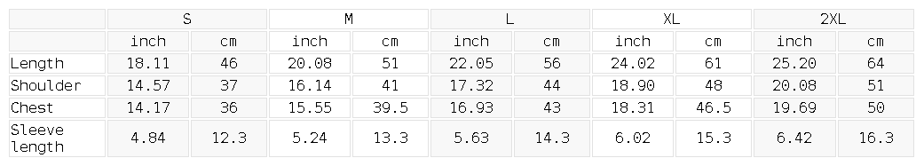 Measurement chart for clothing sizes in inches and centimeters