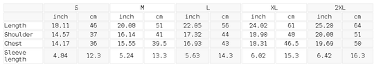 Measurement chart for clothing sizes in inches and centimeters