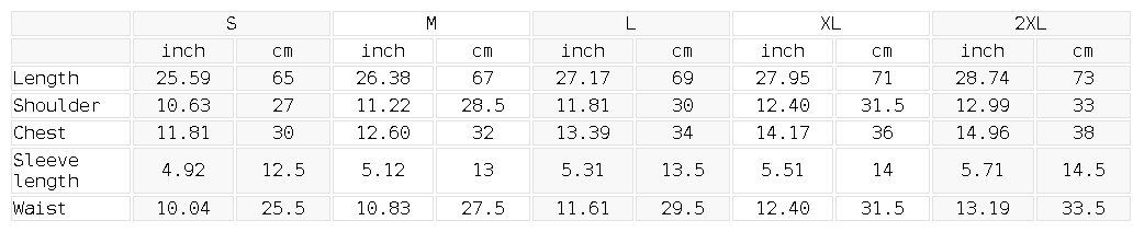 Measurement chart for clothing sizes S to 2XL with dimensions in inches and centimeters.