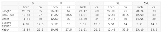 Measurement chart for clothing sizes S to 2XL with dimensions in inches and centimeters.