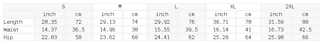 Measurement chart for clothing sizes S to 2XL with inch and cm measurements.