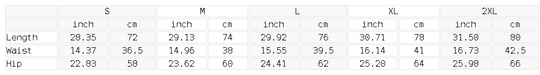 Measurement chart for clothing sizes S to 2XL with inch and cm measurements.