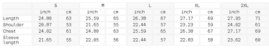 Measurement chart for clothing sizes S to 2XL with dimensions in inches and centimeters.