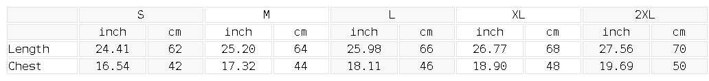 Measurement chart for clothing sizes in inches and centimeters