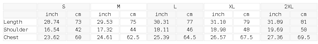 Measurement chart for clothing sizes S to 2XL with dimensions in inches and centimeters.