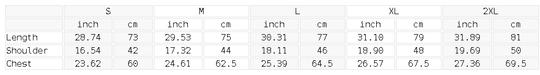 Measurement chart for clothing sizes S to 2XL with dimensions in inches and centimeters.