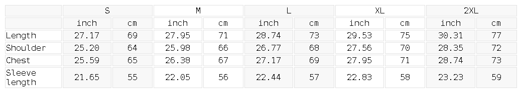 A sizing chart table showing measurements for S, M, L, XL, and 2XL sizes, with columns for inch and centimeter values for length, shoulder, sleeve length, and body measurements.