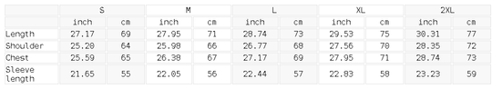 A sizing chart table showing measurements for S, M, L, XL, and 2XL sizes, with columns for inch and centimeter values for length, shoulder, sleeve length, and body measurements.