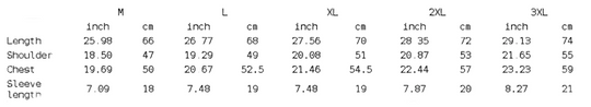 Measurement chart for clothing sizes in inches and centimeters