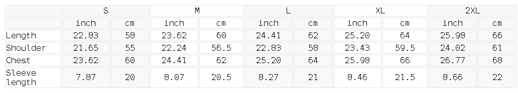 Measurement chart for clothing sizes in inches and centimeters