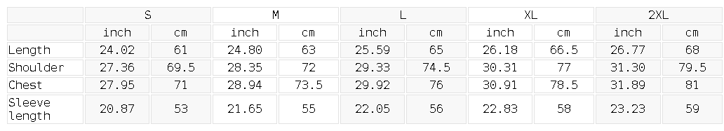 Measurement chart for clothing sizes in inches and centimeters