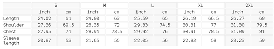 Measurement chart for clothing sizes in inches and centimeters