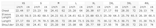 Measurement chart for chest, sleeve, and shoulder sizes with inch and centimeter measurements.
