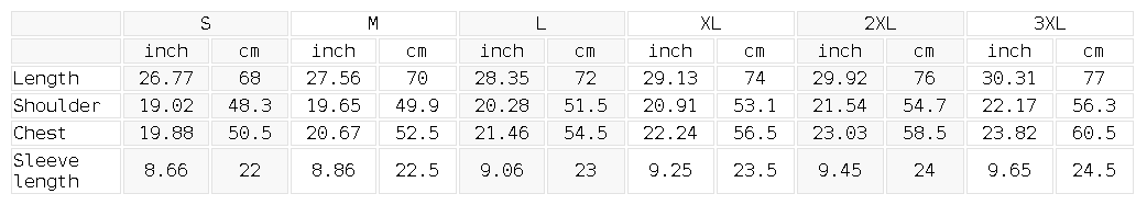 Measurement chart for clothing sizes with inch and cm measurements.