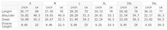 Measurement chart for clothing sizes with inch and cm measurements.