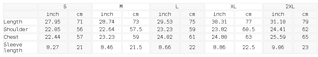 Measurement chart for clothing sizes in inches and centimeters