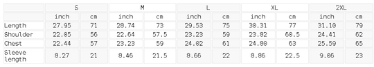 Measurement chart for clothing sizes in inches and centimeters