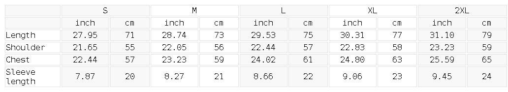 Measurement chart for clothing sizes S to 2XL with dimensions in inches and centimeters.